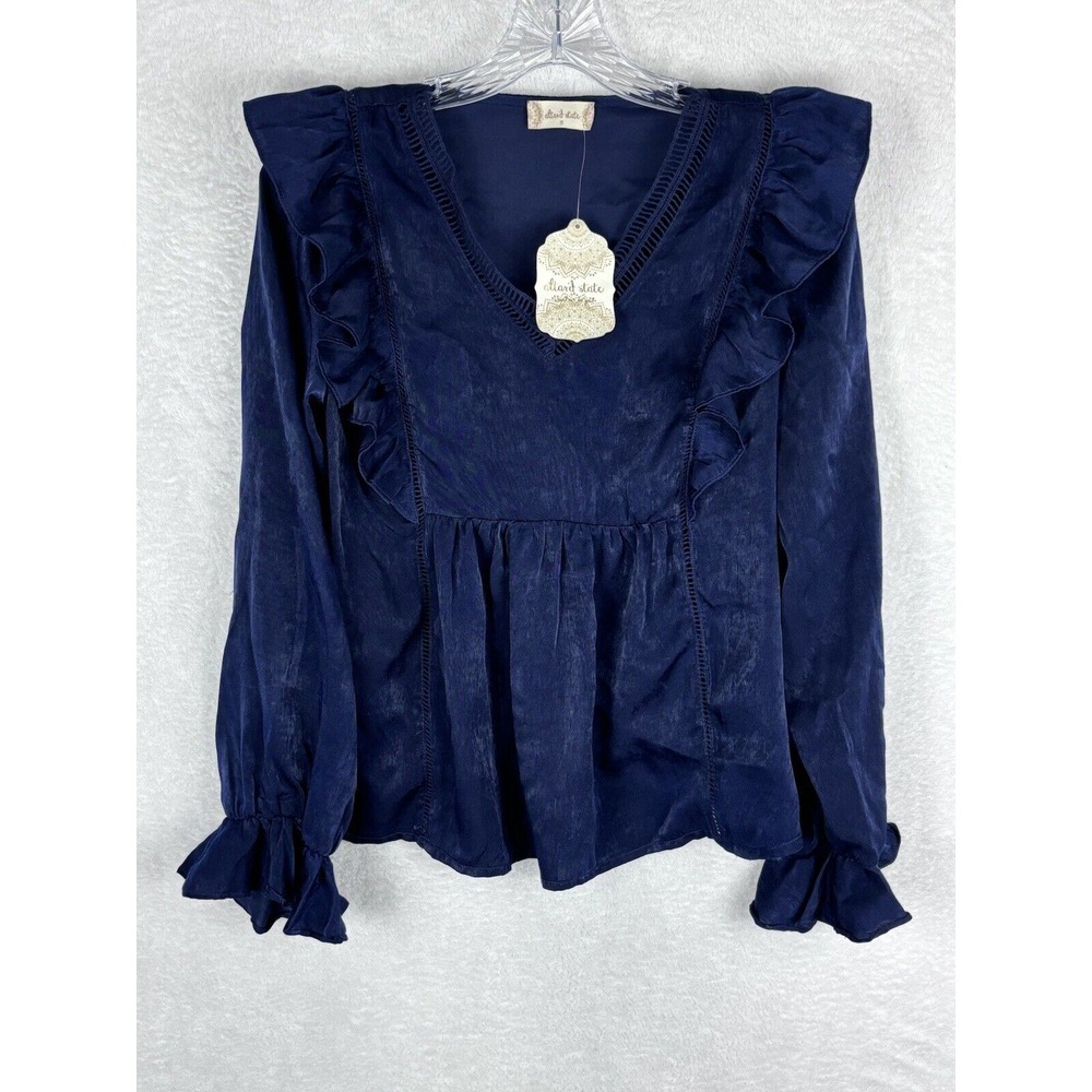 NWT ALTAR'D STATE Women's Blue Satin Ruffles Blouse Size S